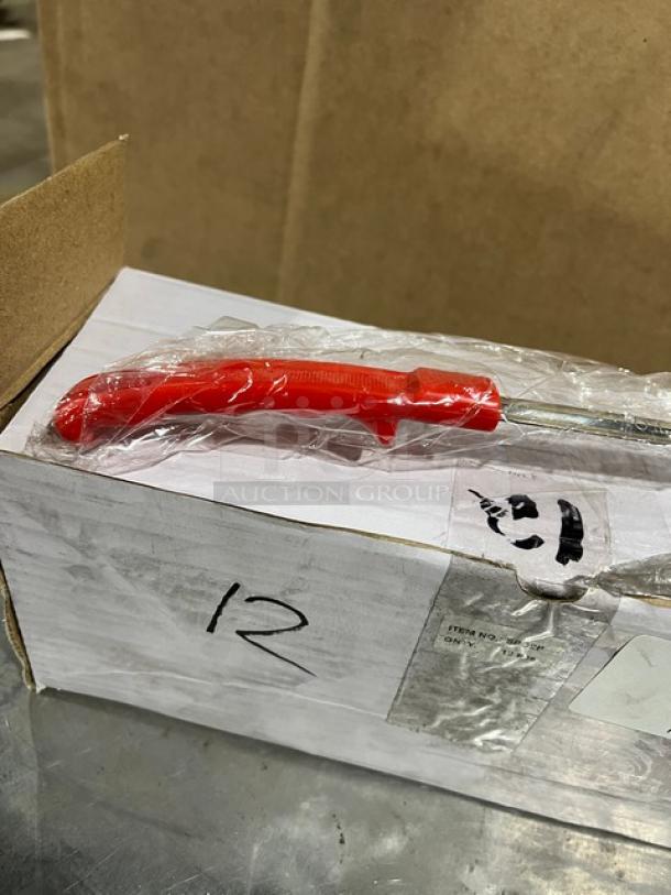 Crestware SPO2P stainless steel perforated portion control spoon, 2 oz, with orange grip handle, in original packaging.