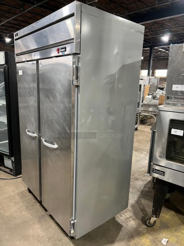 Beverage-Air Horizon Series HF2-1S commercial stainless steel 2-door top mount reach-in freezer, on casters, with poly-coated rack.
