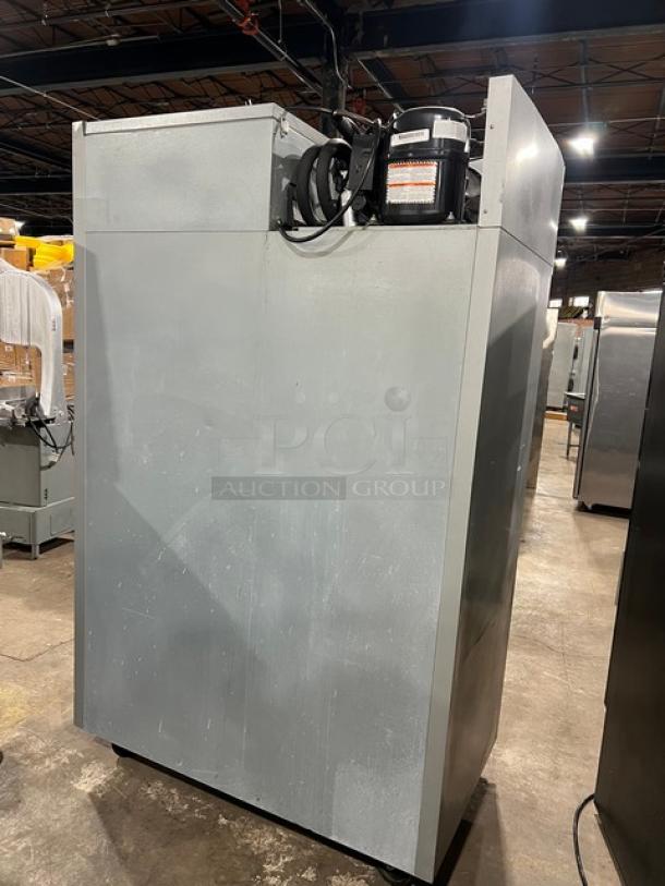 Beverage-Air Horizon Series stainless steel freezer, model HF2-1S, with poly-coated rack, 2 solid doors, on casters.