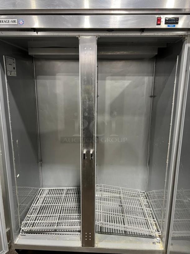 Beverage-Air Horizon Series stainless steel 2-door freezer, model HF2-1S, with poly-coated racks, on casters, 115V 1 phase.