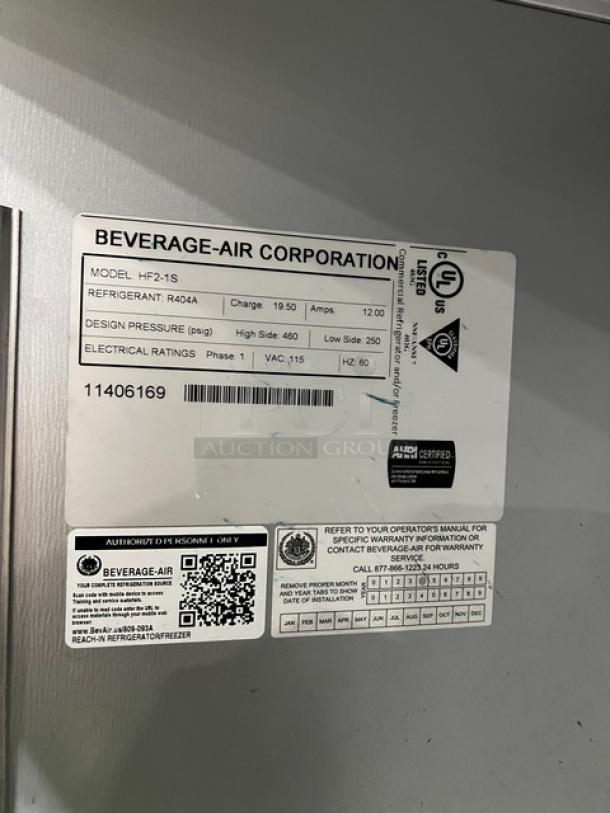 Beverage-Air Horizon Series stainless steel 2-door top mount reach-in freezer, Model HF2-1S, with poly coated rack, SN: 11406169.