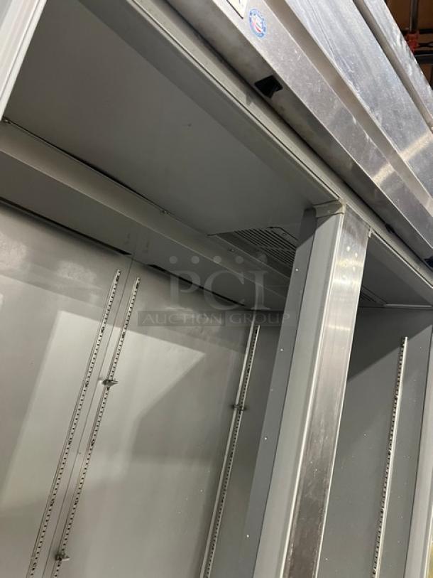 Beverage-Air Horizon Series commercial freezer, model HF2-1S, stainless steel, solid 2-door, on casters, with poly-coated rack.