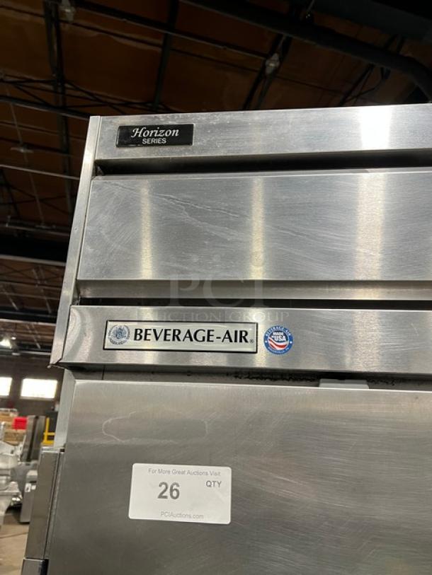 Beverage-Air Horizon Series 2-door top mount freezer, stainless steel, model HF2-1S, on casters, includes poly-coated rack.