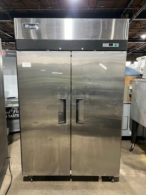 Migali T-Series C2F stainless steel 2-door vertical reach-in freezer, 2017 model, on casters, poly-coated wire rack included.