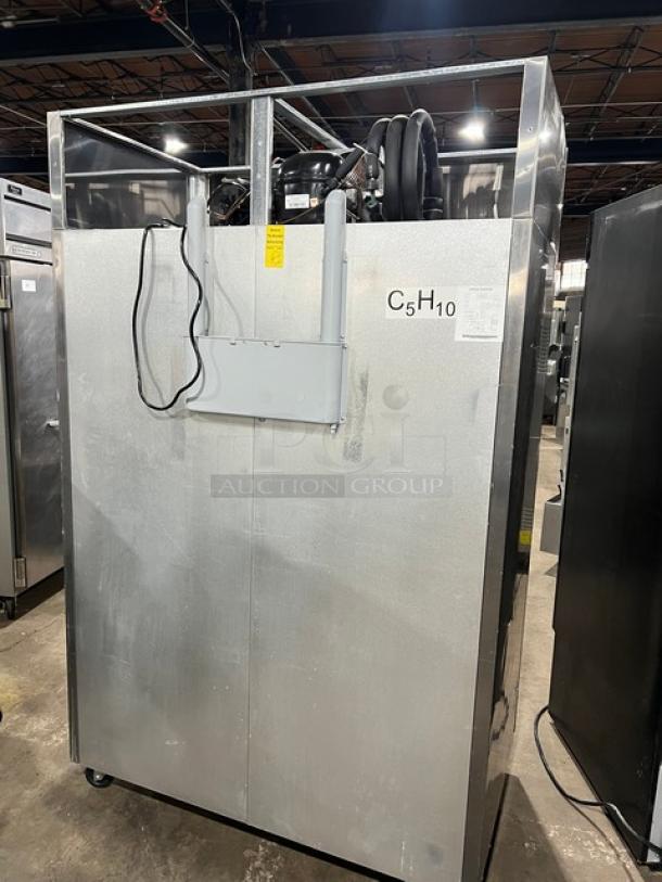 Migali 2017 T-Series stainless steel 2-door reach-in freezer, Model C-2F, poly coated racks, on casters, 115V, 1 phase.