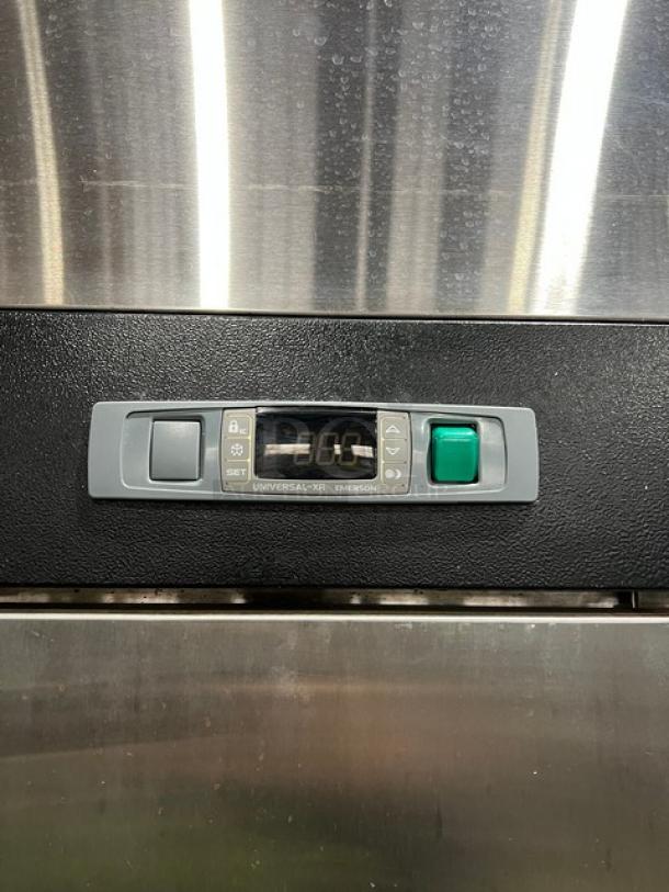 Migali T-Series two-door stainless steel reach-in freezer, model C-2F, with digital control panel and poly-coated rack.