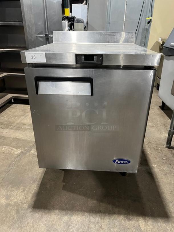 Atosa MGF8408GR stainless steel worktop refrigerator with up-turned backsplash, poly-coated rack, and casters, 2023 model.