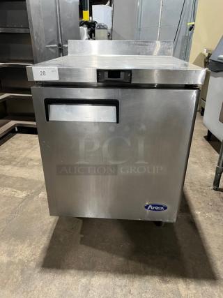 Atosa MGF8408GR stainless steel worktop refrigerator with up-turned backsplash, poly-coated rack, and casters, 2023 model.