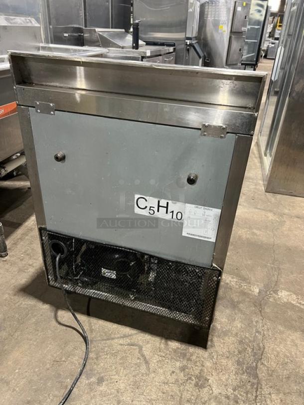 Atosa MGF8408GR stainless steel single door worktop refrigerator, 2023 model, with up-turned backsplash, poly-coated rack, on casters.