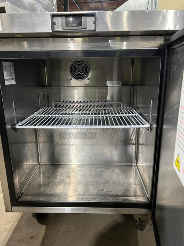 Atosa 2023 commercial stainless steel single door worktop refrigerator, Model MGF8408GR, with up-turned backsplash, poly coated wired rack, on casters.