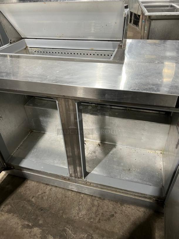 Continental SW48N8 stainless steel 2-door refrigerated prep table, 48", bain marie style, used condition, SN: 15993006.
