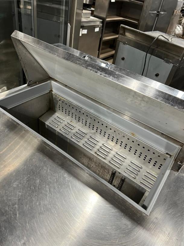 Continental Commercial Stainless Steel 2 Door Refrigerated Bain Marie Salad/Sandwich Prep Table, Model SW48N8, 115V, open lid view.