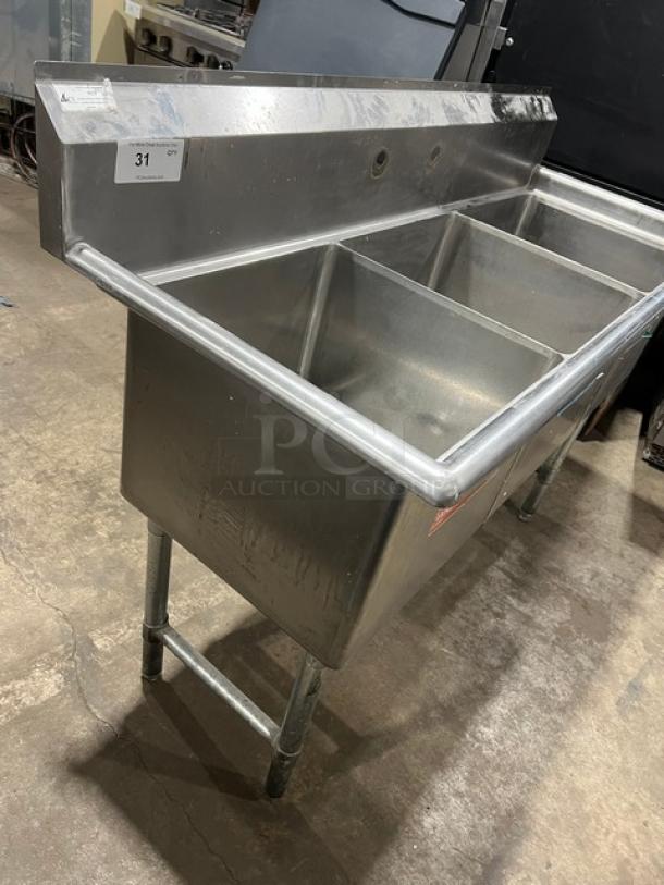 KCS commercial stainless steel 3-compartment dishwashing sink with backsplash, on legs, gently used condition.