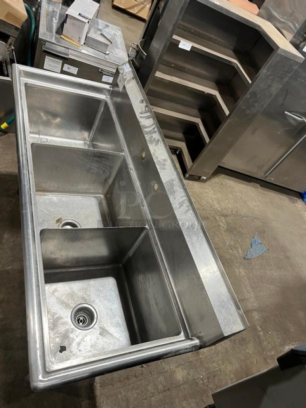 KCS commercial stainless steel 3-compartment dish washing sink with backsplash and legs, featuring durable design and spacious basins.