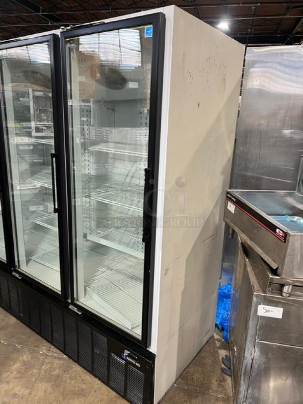 Master-Bilt BLG74HD commercial refrigerator, triple glass swing doors, poly coated racks, Energy Star, black and white, reach-in.