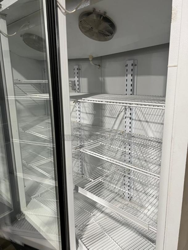 Master-Bilt BLG-74HD black & white triple glass door reach-in merchandiser fridge, Energy Star certified, with poly-coated wire racks.