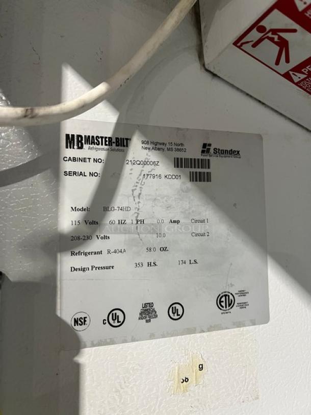 Master-Bilt commercial refrigerator label, Model BLG-74HD, SN: 177916KDD01, 115/208-230V, 1 Phase, Energy Star Certified.