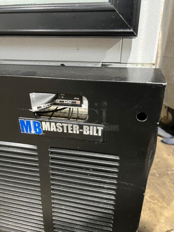 Master-Bilt BLG-74HD merchandiser fridge, black and white, triple glass doors, Energy Star, poly-coated rack, SN: 177916KDD01.