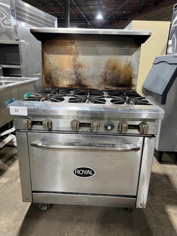 Royal Commercial Stainless Steel 6-Burner Range/Oven, Model RR6, with backsplash, overhead salamander shelf, and casters.