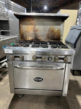 Royal Commercial Stainless Steel 6-Burner Range/Oven, Model RR6, with backsplash, overhead salamander shelf, and casters.