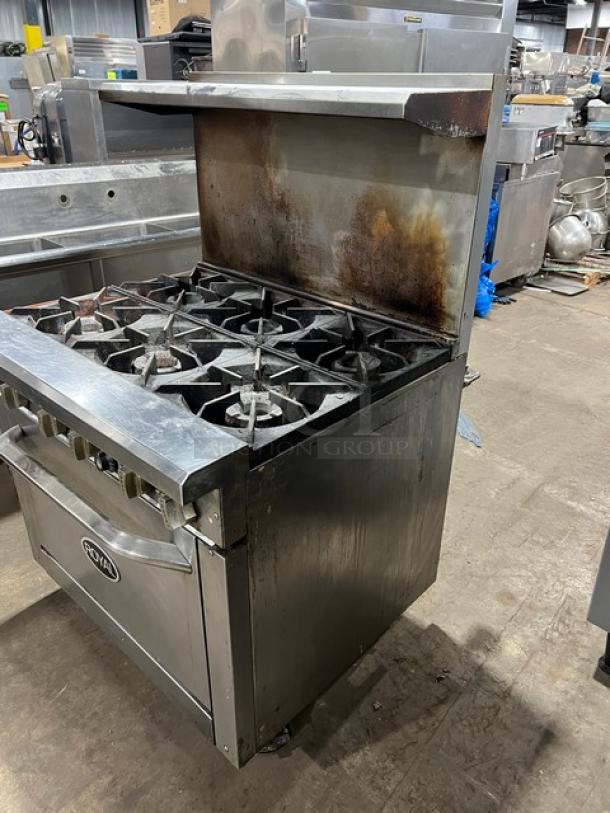 Royal RR-6 stainless steel natural gas 6-burner range/oven combo with backsplash, overhead salamander shelf, and casters.