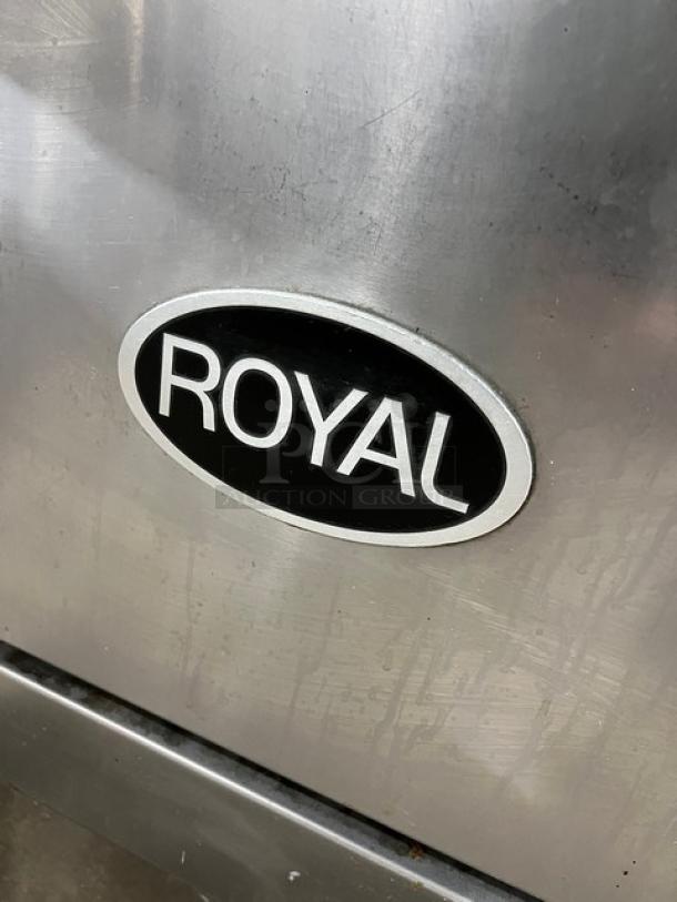 Royal stainless steel 6-burner range/oven, model RR6, with backsplash, overhead salamander, and caster wheels.