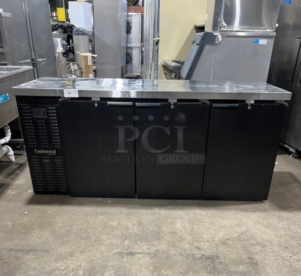 Continental Model BB79N 3-door black back bar refrigerator with stainless steel worktop and poly-coated wire rack, 79".