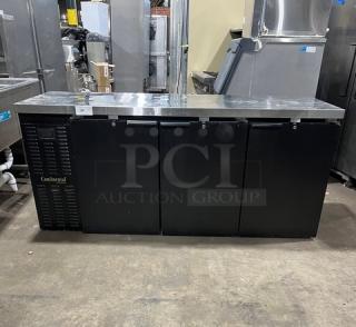 Continental Model BB79N 3-door black back bar refrigerator with stainless steel worktop and poly-coated wire rack, 79".