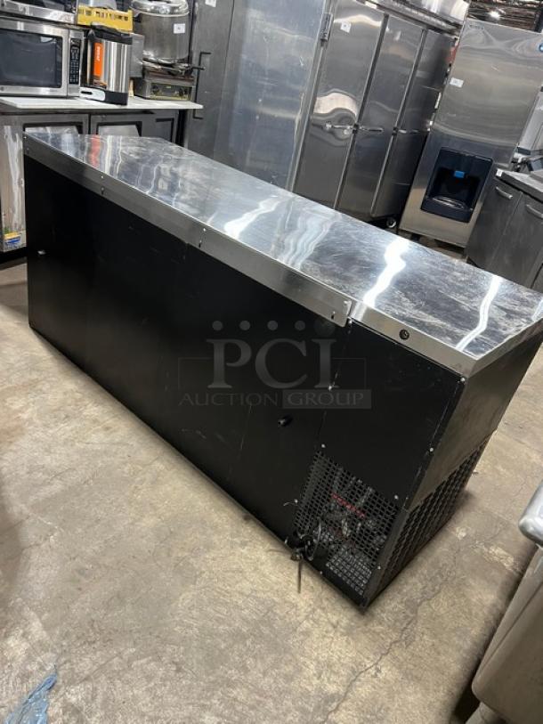 Continental BB79N black 3-door back bar refrigerator, stainless steel worktop, poly coated wire rack, 79", model BB79N.