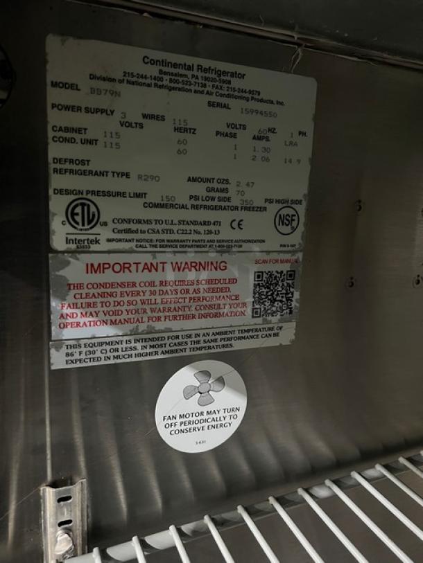 Continental BB79N back bar refrigerator, black with stainless steel worktop, poly-coated rack, model BB79N, SN 15994550, 115V, 1 phase.