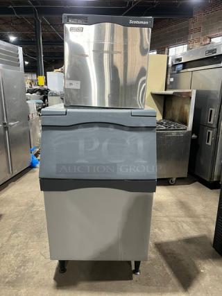 Scotsman Prodigy Series ice machine/bin combo, model N0422W-1A/B530P, stainless steel, water-cooled, electric, on legs.