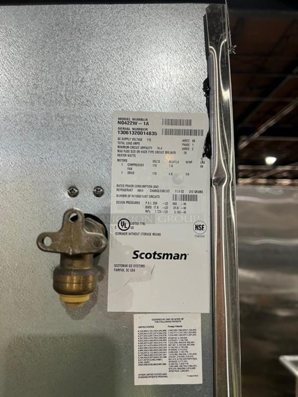 Scotsman Prodigy Series stainless steel ice machine N0422W-1A/B530P, water-cooled, electric, with visible model and serial numbers.