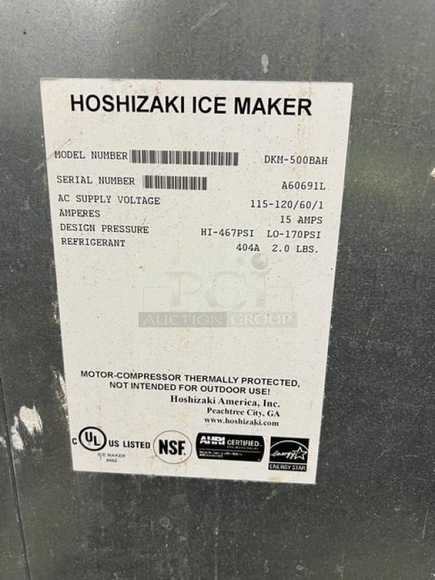 Hoshizaki Serenity Series Ice Maker Model DKM-500BAH, 115-120V, 15 Amps, Energy Star Certified, with drip tray and storage bin.