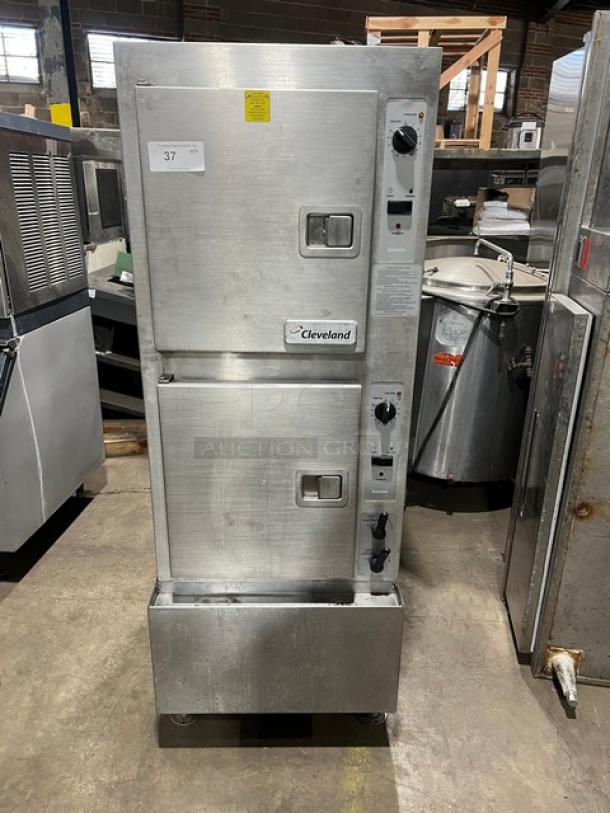 Cleveland Range Gemini Series dual compartment 10-pan convection steamer, stainless steel, model 24CGA10.2, on legs, used condition.