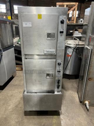 Cleveland Range Gemini Series dual compartment 10-pan convection steamer, stainless steel, model 24CGA10.2, on legs, used condition.