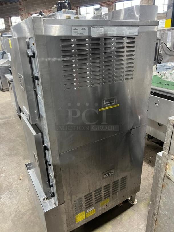 Cleveland Range Gemini Series dual compartment stainless steel convection steamer, model 24CGA10.2, on legs, natural gas, 115V.