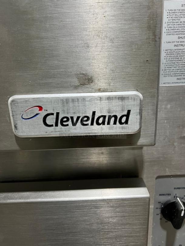 Cleveland Range Gemini Series 24CGA10.2 stainless steel dual compartment 10-pan convection steamer, natural gas, with controls.