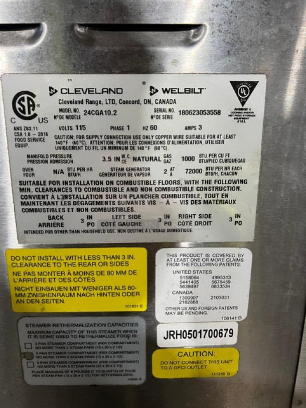 Cleveland Range Gemini Series dual compartment 10-pan convection steamer, stainless steel, natural gas, model 24CGA10.2, on legs.