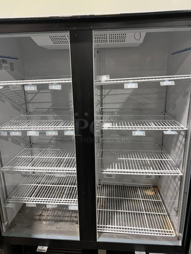 Maxx Cold black double glass door freezer, model MXM2-48F, with poly-coated wire racks, commercial use, 115/230V.