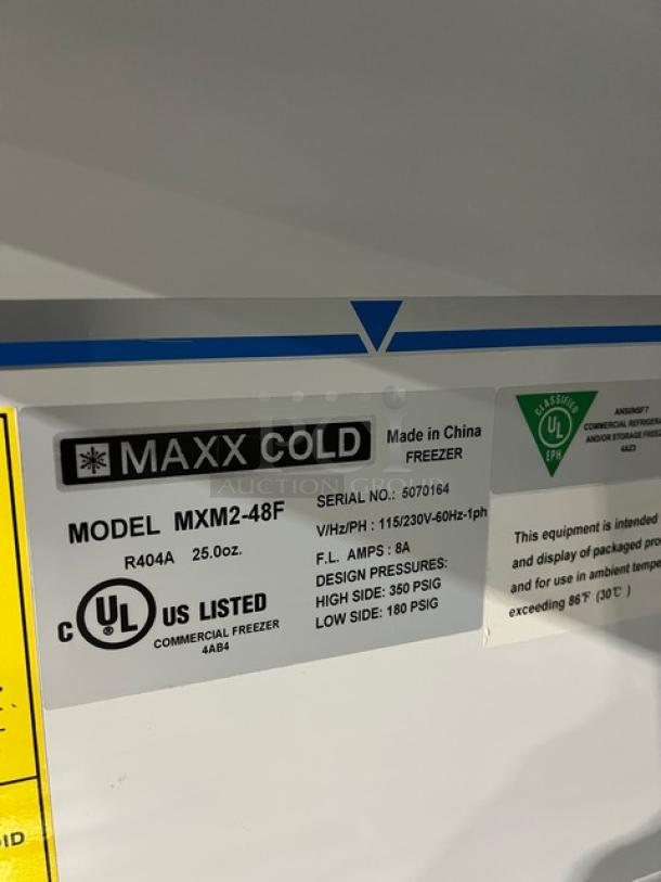 Maxx Cold MXM2-48F double glass swing door merchandiser freezer label; 115/230V, SN: 5070164, UL listed.