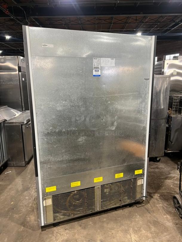 Ojeda ALPA120G2 refrigerated open merchandiser display case, 120V 1-phase, pull-down night curtain, on legs, visible labels.