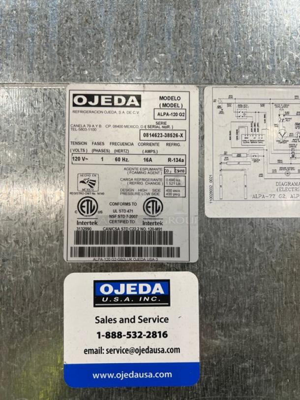 Ojeda ALPA-120 G2 commercial refrigerated open display case label, showing model, serial number 0814623-38526-X, and specs.