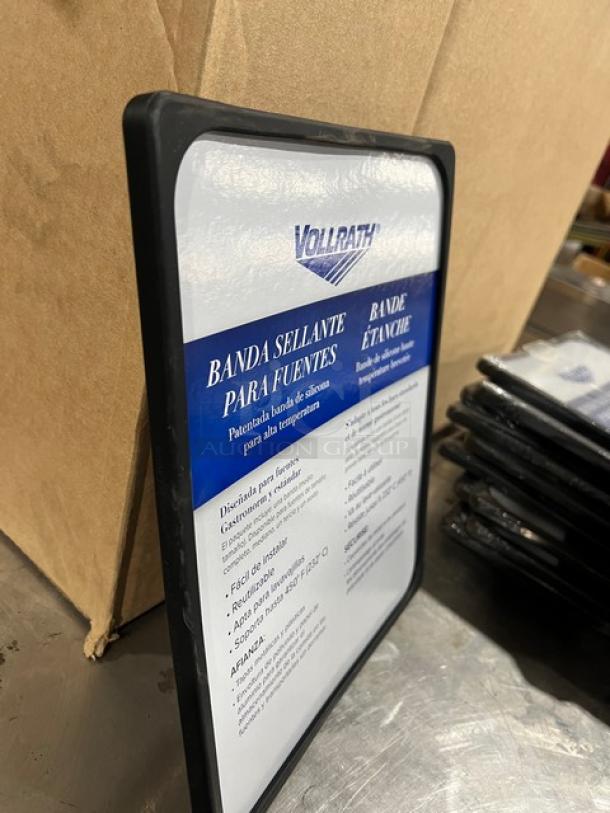 NEW Vollrath N0002B black silicone hotel/steamtable pan bands, label indicating high-temp sealing bands, stack visible.