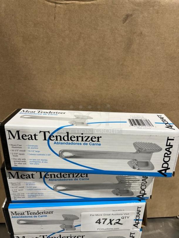 New Adcraft Commercial Aluminum Meat Tenderizer, Model MTA-10, 2.75" square head, heavy-duty, boxed.