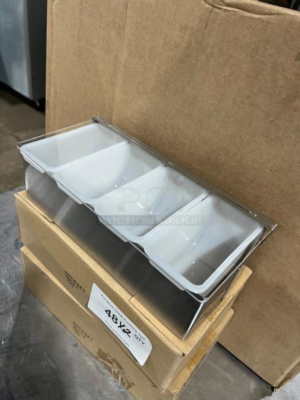 Adcraft SSCH4 stainless steel condiment holder with four frost white inserts and clear acrylic lid, new condition.