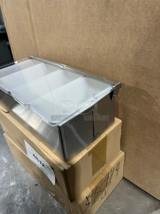 Adcraft commercial 4-compartment stainless steel condiment holder, model SSCH4, with clear acrylic lid and white polyethylene inserts.