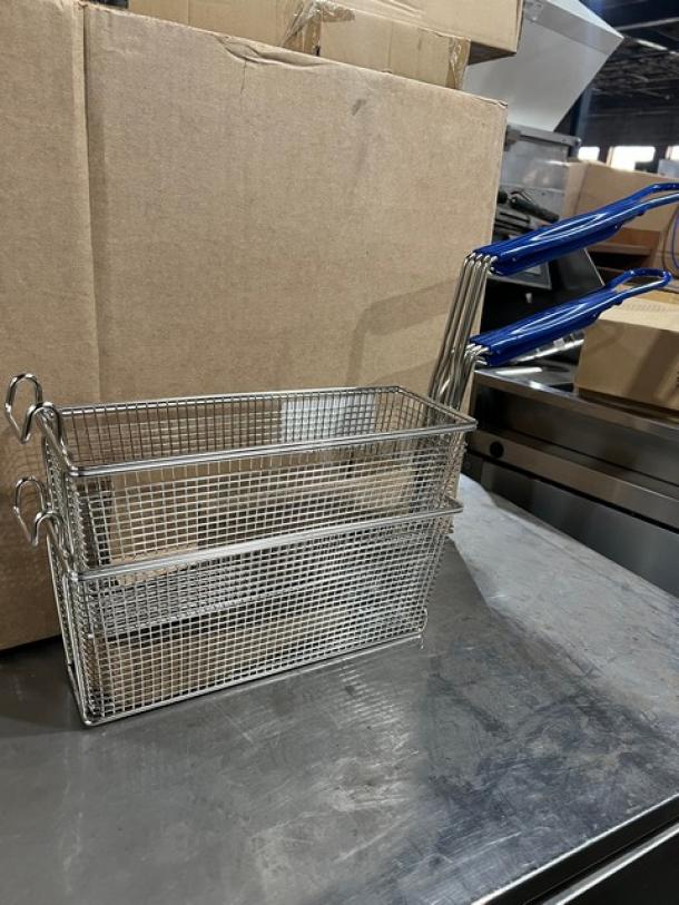 New commercial wired mesh fry basket with front hook, blue non-slip grip handle. Set of two.