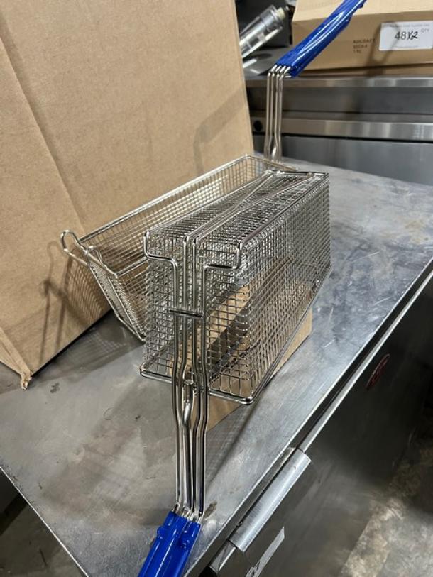 New commercial wired mesh fry basket with front hook and blue non-slip grip handle. Mint condition.