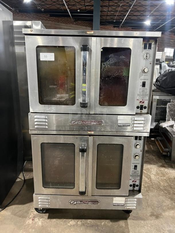 Southbend SL Series gas double convection oven, stainless steel, wired rack, on casters, visible control panel, used condition.