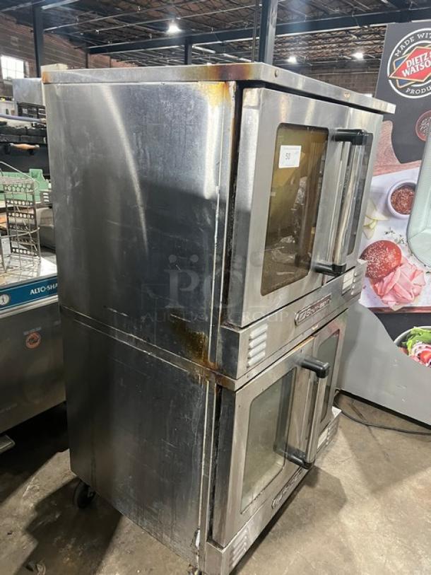 Southbend SL Series stainless steel double stacked gas convection oven, wired racks, on casters, used condition.